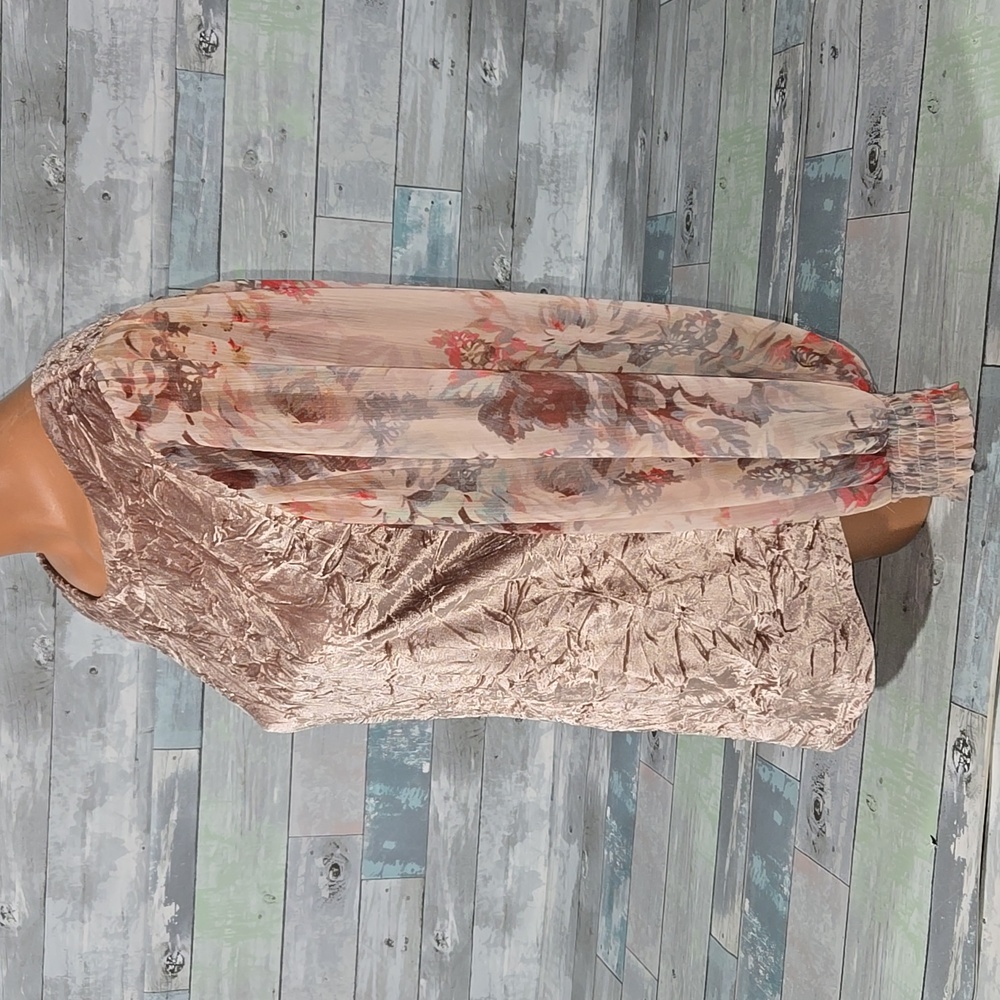 Meadow Rue Velvet Floral Blouse in Brown and Cream Sheer Floral Sleeve X-Small - Picture 3 of 6